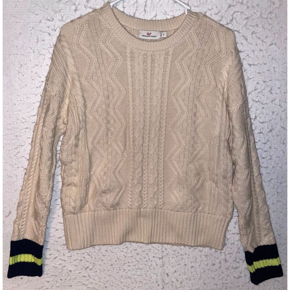 Vineyard Vines Womens Sweater Sz S Crewneck Chunky Cable Knit Cream Wool Preppy